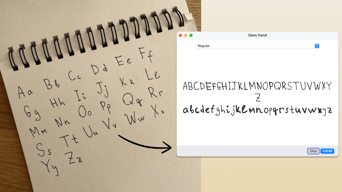 A handwritten alphabet in a spiral notebook next to the resulting font installing in Font Book